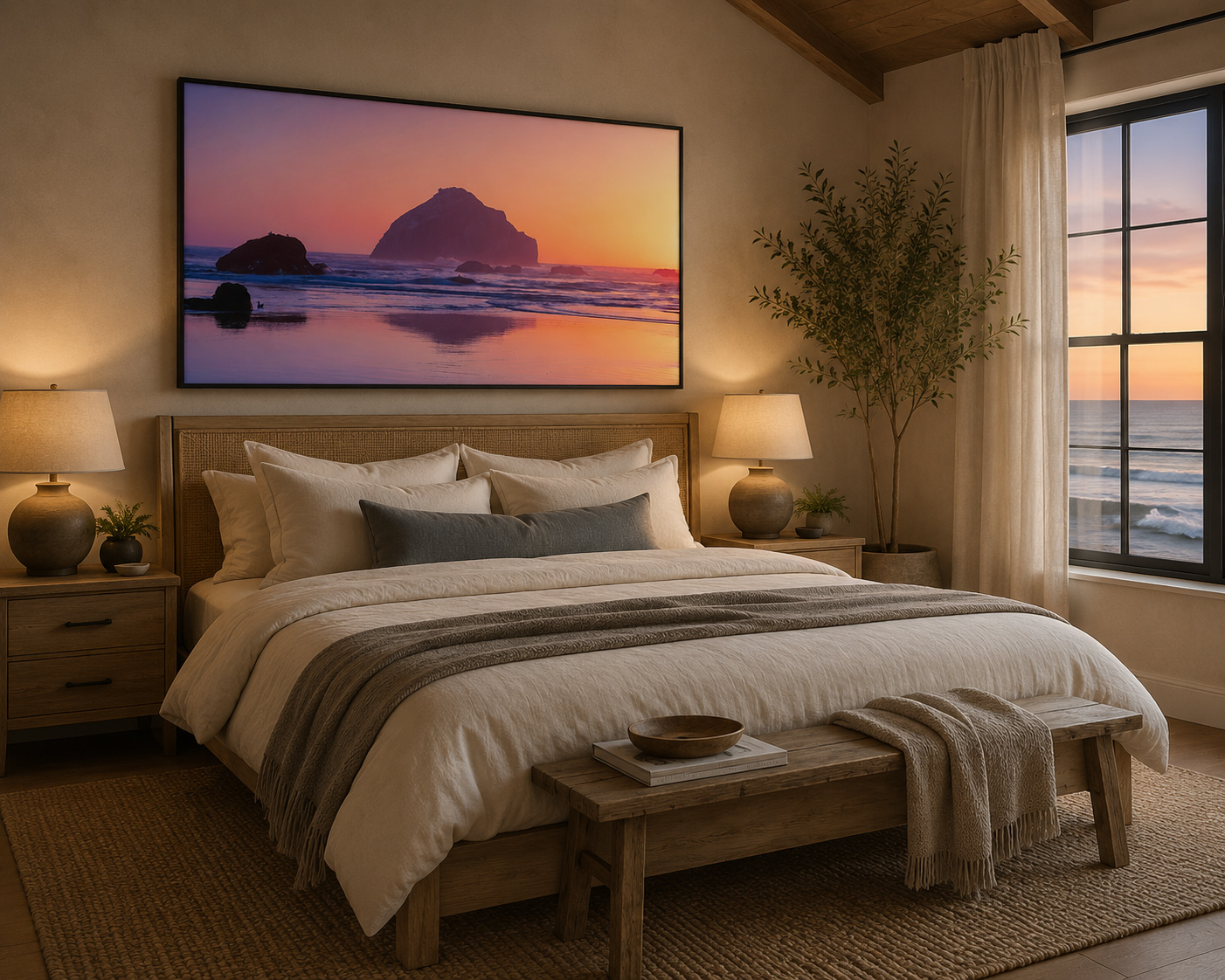 Warm Oregon coast sunset artwork above a bed in a residential coastal bedroom by Dan Sproul